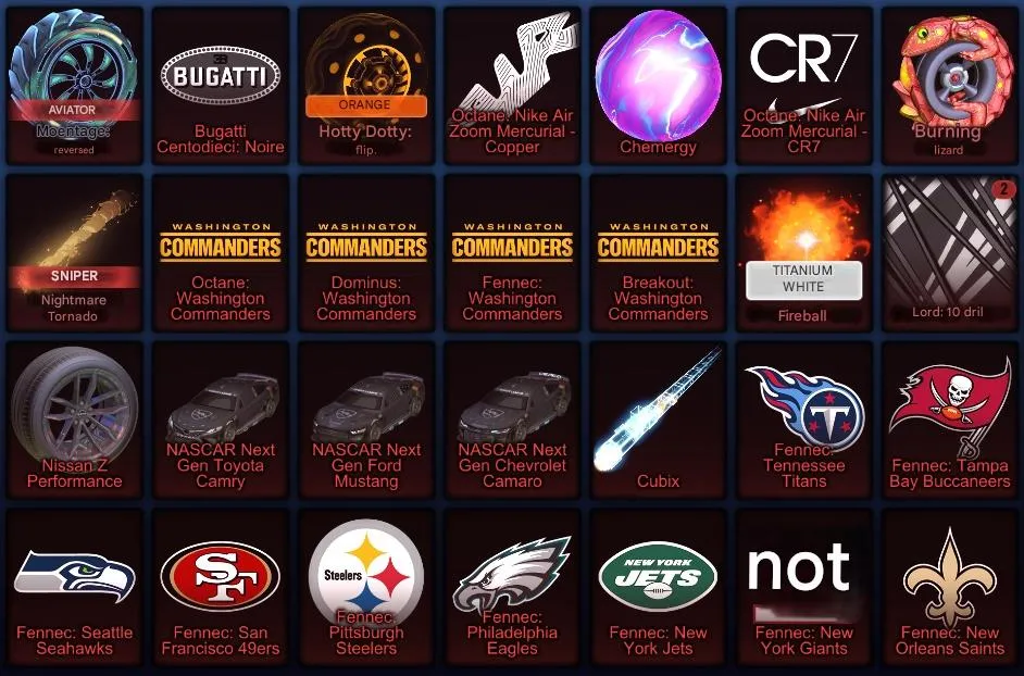 RL1014 Fennec, Nissan Skyline, 9 DLC packs, Grand Champion Season 8, Level 1133 Full Inventory Calibration Ranks 